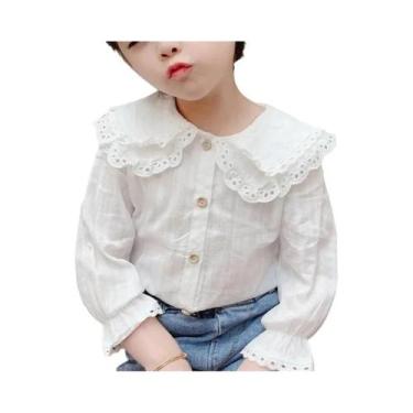 Imagem de Camisa Branca De Manga Longa Com Gola De Renda Para Meninas, Estilo Co