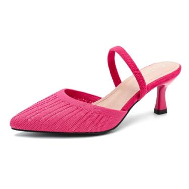 Imagem de Enelauge Sandália feminina de bico fino, salto baixo gatinho, tecido de malha, tira elástica no tornozelo, bico fechado, slingback, confortável, vestido de casamento, Rosa choque, 42