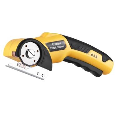 Imagem de Aoresac Tesoura de Lâmina Redonda Portátil, Tesoura Elétrica Sem Fio, Cortador de Caixa Recarregável de 4V Com Trava de Segurança e Luz LED, Ferramenta de Corte de Couro de Tecido para (Amarelo)