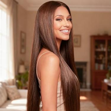 Imagem de Peruca de cabelo humano com tela frontal reta, 33 x 4 sem cola, sem cola, pré-arrancada para mulheres, marrom claro, 76 cm