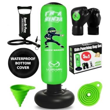 Imagem de Marwan Sports Conjunto de saco de pancada infantil 5 em 1 atualizado 2025 – Saco de boxe inflável com retorno instantâneo, luvas, bomba de ar, capa de base protetora e funil, presente para meninos de