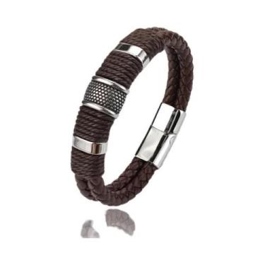 Imagem de Pulseira Masculina De Couro Genuíno Marrom Com Contas De Pedra Multica