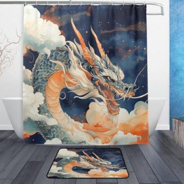 Imagem de xigua Fantastical Dragon Conjunto de tapetes de cortina de banho 2 peças, conjunto temático de banheiro (152 x 182 cm) com cortina de chuveiro e tapete antiderrapante -12 ganchos527