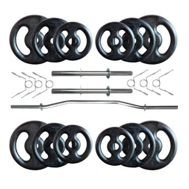 Imagem de Kit 40 Kg de Anilhas Ferro Fundido + 02 Barras de 40cm + Barra W-Unissex