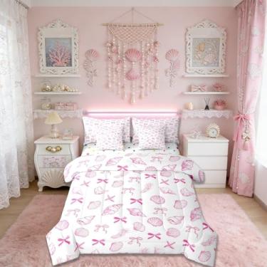 Imagem de Conjunto de edredom infantil com estampa kawaii, oceano, 7 peças, concha e algas marinhas, decoração náutica para meninas e meninos, rosa e branco (elástico + lençol + 2 fronhas + 2 fronhas de