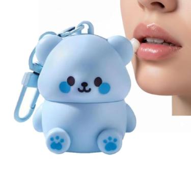 Imagem de Bálsamo labial de ursinho fofo, brilho labial hidratante antirachadura antiseca, ingredientes naturais, batons, produtos para cuidados labiais, sabor frutado, com fivela para pendurar em mochilas