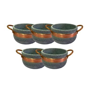 Imagem de Kit 5 Cumbucas Alça De Cobre Pedra Sabão Caldo Sopa 500Ml.