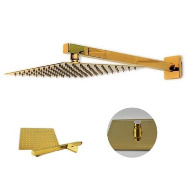 Imagem de Ducha Chuveiro Slim Dourado 20X20 Quadrado Suporte Parede Ba