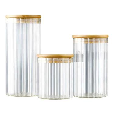 Imagem de Kit 3 Pote Vidro Canelado Tampa Bambu P/ Mantimento Hermético - Qhouse