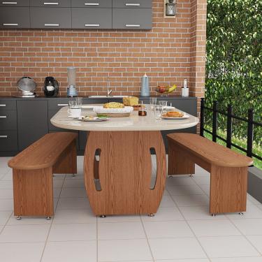 Imagem de Mesa de Jantar Oval em MDF com Bancos Integrados Design Moderno Base Robusta Acabamento Amadeirado