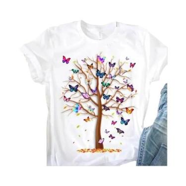 Imagem de Camiseta Feminina Harajuku Com Estampa De Árvore E Borboleta Gótica, G