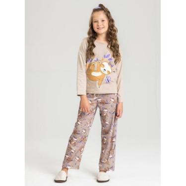 Imagem de Pijama Longo Infantil Menina Bege Bicho Preguiça no Galho e Borboletas