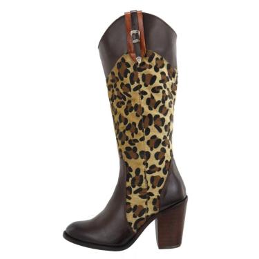 Imagem de Bota Feminina Em Couro Cano Alto Salto Alto Bloco Detalhe Animal Print Onça Detalhe Fivela Lateral