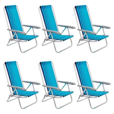 Imagem de Kit 06 Cadeiras De Praia Reclinável Tramontina Bali Baixa Em Alumínio Com Assento Azul 92900102