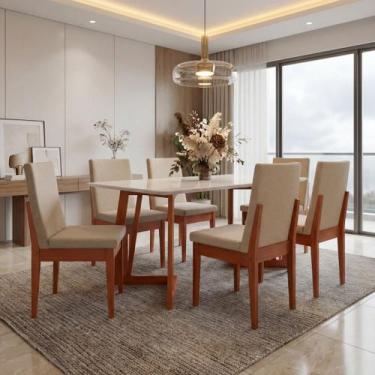 Imagem de Conjunto Mesa Com Vidro Pés Madeira Maciça 6 Cadeiras Madeira Dakota T