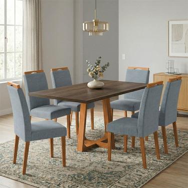 Imagem de Mesa Jantar Julia 1,6m Freijó Pés Cerejeira 6 Cadeiras Heloísa Almofadada - Cinza Linho