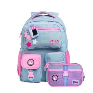 Imagem de Kit Mochila Costas Hello Kitty Jeans Com Estojo Box Escolar Cor:Azul -