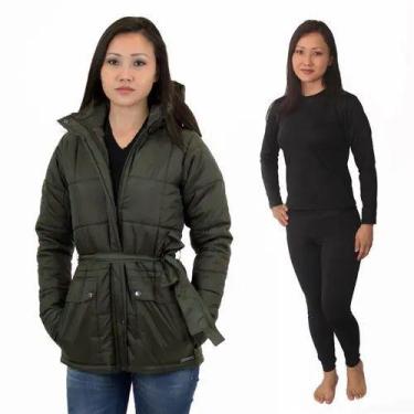 Imagem de Casaco feminino Acolchoado Impermeável com cinto + Calça Térmica Frio 