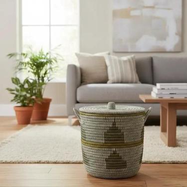 Imagem de Cesto Decorativo Organizador Multiuso Em Fibra Natural Seagrass Com Ta