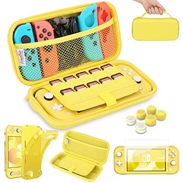 Imagem de HEYSTOP Compatível com estojo de transporte Switch Lite, capa Switch Lite com capa protetora de TPU macia para jogos cartão 6 tampas de polegar para kit de acessórios Nintendo Switch Lite (amarelo)