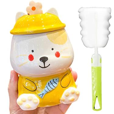 Imagem de Caneca de princesa com tampa, caneca 3D, xícara de café de cerâmica, xícara de chá de lua, presente para escritório e casa (pesca de gato amarelo, 450 ml)