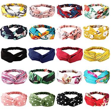 Imagem de AHONEY Pacote com 20 faixas de cabeça, faixas de cabeça modernas antideslizantes / diademas envolventes para mujer de moda Boho atado cruz elástica torcida floral bandeau para mulheres meninas