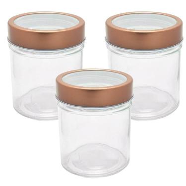Imagem de 3 Potes De Vidro Redondo Com Tampa Transparente Cobre 350Ml