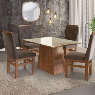 Imagem de Conjunto Sala de Jantar Mesa 90x120cm Tampo Vidro com 4 Cadeiras Madeira Maciça Tecido Joli Zamarchi Marrom/Off White