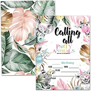 Imagem de Cartões de convite de festa de aniversário, festa de animais da selva, suprimentos de festa tropical da floresta, lembrancinhas, 20 cartões com 20 envelopes – (dongw02)