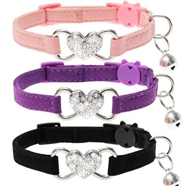 Imagem de JVVGPET Coleira de gato Breakaway - Coleira de gato fofa de strass com sinos ajustável ajuste confortável para gato filhote de gato gatinho - rosa roxo preto veludo em forma de coração Bling conjunto de coleiras de gato