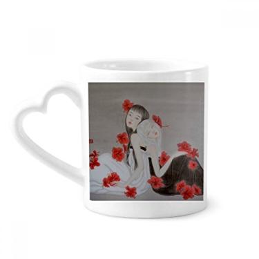 Imagem de Bela flor vermelha estilo chinês caneca aquarela café cerâmica copo coração vidro
