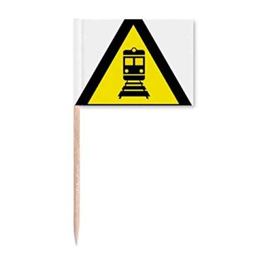 Imagem de Símbolo de aviso amarelo preto trem triângulo bandeiras de palito de dente marcador topo decoração de festa