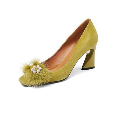 Imagem de Fashion Heel Sapato feminino de camurça com bico quadrado, salto grosso, vintage, floral, feito à mão, com pele e pérola, Amarelo, 10