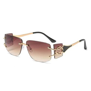 Imagem de Óculos de sol quadrados sem aro de diamante de corte fashion para homens liga vintage de perna larga óculos de sol femininos, chá duplo dourado, com estojo