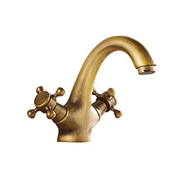 Imagem de LIDON Torneira de banheiro de latão antigo Torneira de alça dupla Torneira de pia de banheiro Latão antigo Torneira de pia de um furo Torneira de pia do banheiro Orifício único latão para lavatório