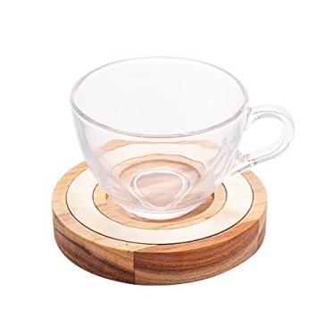 Imagem de Conjunto 6 Xícaras de Cristal de Chá com Pires de Madeira e Aço Inox Teca Champanhe 190ml - Wolff Cr