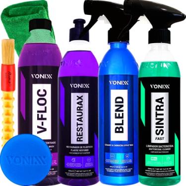 Imagem de Limpeza Automotiva Kit Shampoo V-Floc Restaurador Restaurax Cera Liquida Spray Blend Limpador Sintra Fast Vonixx