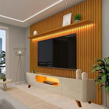 Imagem de Rack Nobre Pés Madeira Com Painel Ripado Nobre Tv 85 Pol 230x250 Gelius Naturale/off White