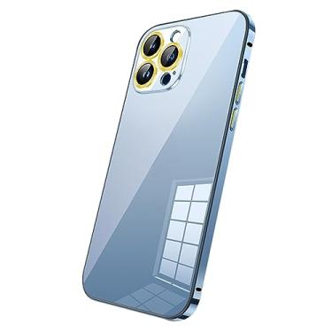 Imagem de HAZARA Capa para iPhone 14 Pro Max/14 Plus/14 Pro/14, proteção de lente de metal, capa de carregamento magnético traseira de vidro transparente, azul, 14 pro max 6,7 polegadas