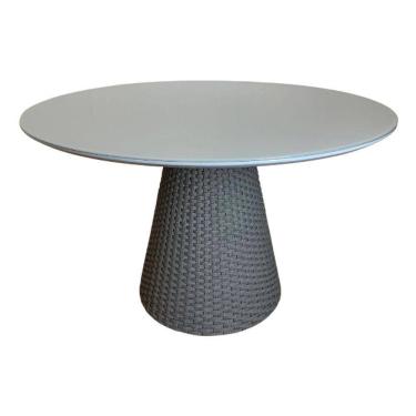 Imagem de Mesa De Jantar Cone Redonda 90cm Tampo Laqueado Cinza + Vidro Base Corda Náutica Cinza Cor Cinza