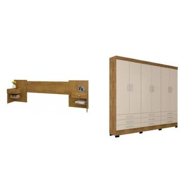 Imagem de Conjunto Quarto Casal Cabeceira Extensível e Guarda Roupa 6 Portas 9 Gavetas Espresso Móveis Canelato Rústico/Marroml Brilho