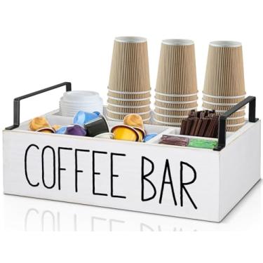Imagem de Organizador de estação de café, organizador de acessórios de bar de café de madeira para balcão, suporte de cápsula de café Kcup cesta de armazenamento com alça, estação organizadora de café para decoração de bar de café branco
