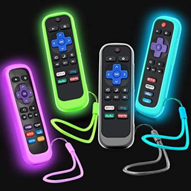 Imagem de Pacote com 4 capas para controle remoto Roku, capa para Hisense/TCL Roku TV Steaming Stick / Express Universal Substituição Controlador Silicone Manga Skin Brilha no Escuro Verde Céu Roxo Preto