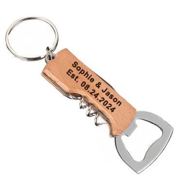 Imagem de Pacote com 10 chaveiros personalizados gravados 4 em 1 com cabo de madeira multiferramentas abridor de garrafas de vinho