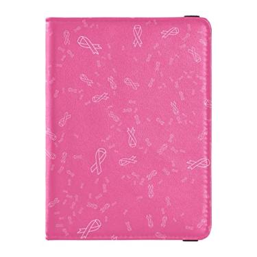 Imagem de Combo de passaporte de peito e porta-cartão de vacina com padrão de fita rosa, capa de carteira de passaporte de couro impressa personalizada com compartimento para cartão de vacinação, capa de