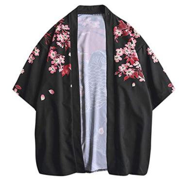Imagem de LEKODE Camisa Amantes Individualidade Estampa Top Blusa Kimono Hot Spring Clothing, Preto, G