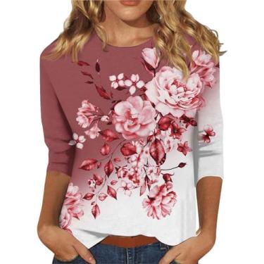 Imagem de Camisetas femininas de manga 3/4 com estampa floral 2024 camiseta casual macia túnica moderna blusa básica leve, rosa, P