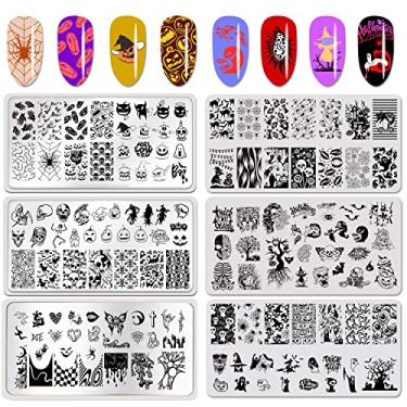 Imagem de 6 peças de placa de estampagem de unhas de Halloween caveira morcego bruxa teia de aranha kit de carimbos de unhas de Halloween careta de abóbora design de sangue decoração de modelo de unha