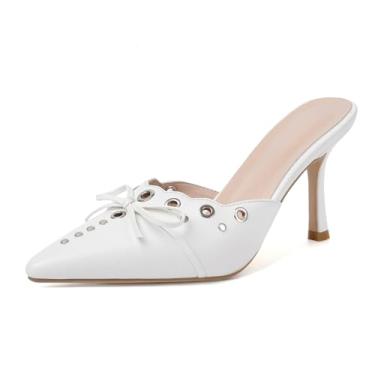 Imagem de olomisa Salto gatinho para mulheres, salto fino cravejado com laço e salto mules, camurça sintética silp on Sandals Kitten Heel Pumps, Branco, 9