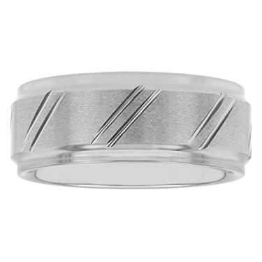Imagem de STEEL NATION JEWELRY Aliança de casamento masculina de carboneto de tântalo 9 mm prateado e cinza inclinado diagonal com borda sulcada, Metal